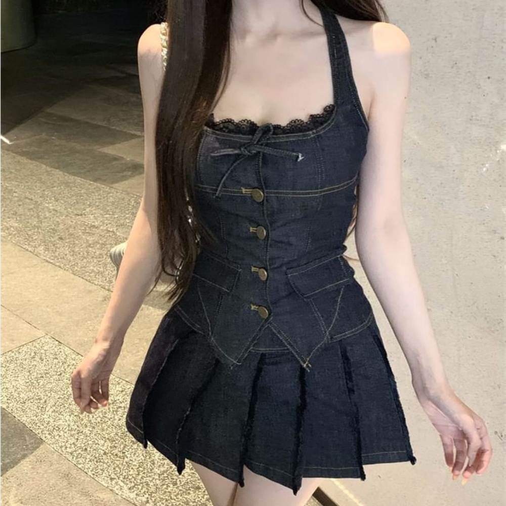 Lace Trim Button-Up Black Denim Halter Top - Picture 3 of 3
